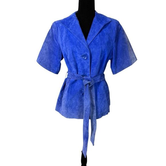 Terry Lewis Leather Suede Blue Jacket Womens L Boho Biker Short Sleeve Vintage - Picture 1 of 14
